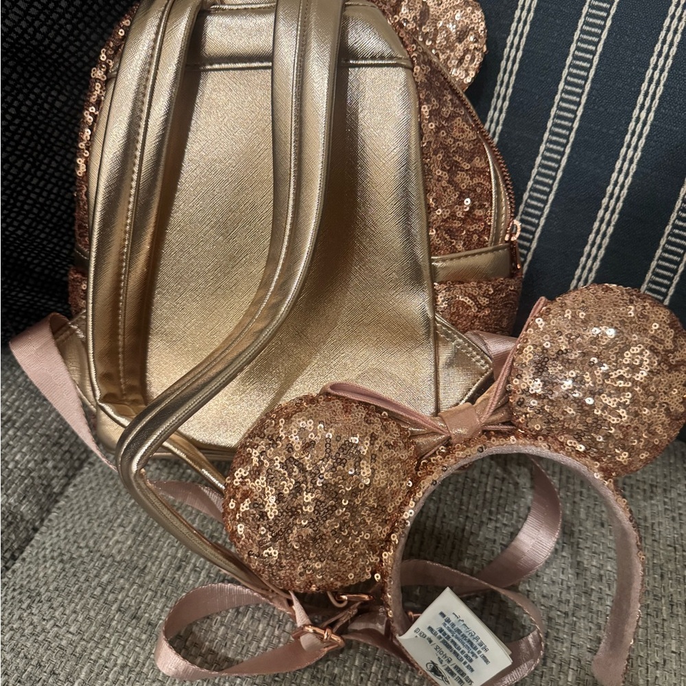 Loungefly Disney Parks Minnie Mouse Sequin Mini Backpack, Rose Gold & Adult Ears - Picture 4 of 5